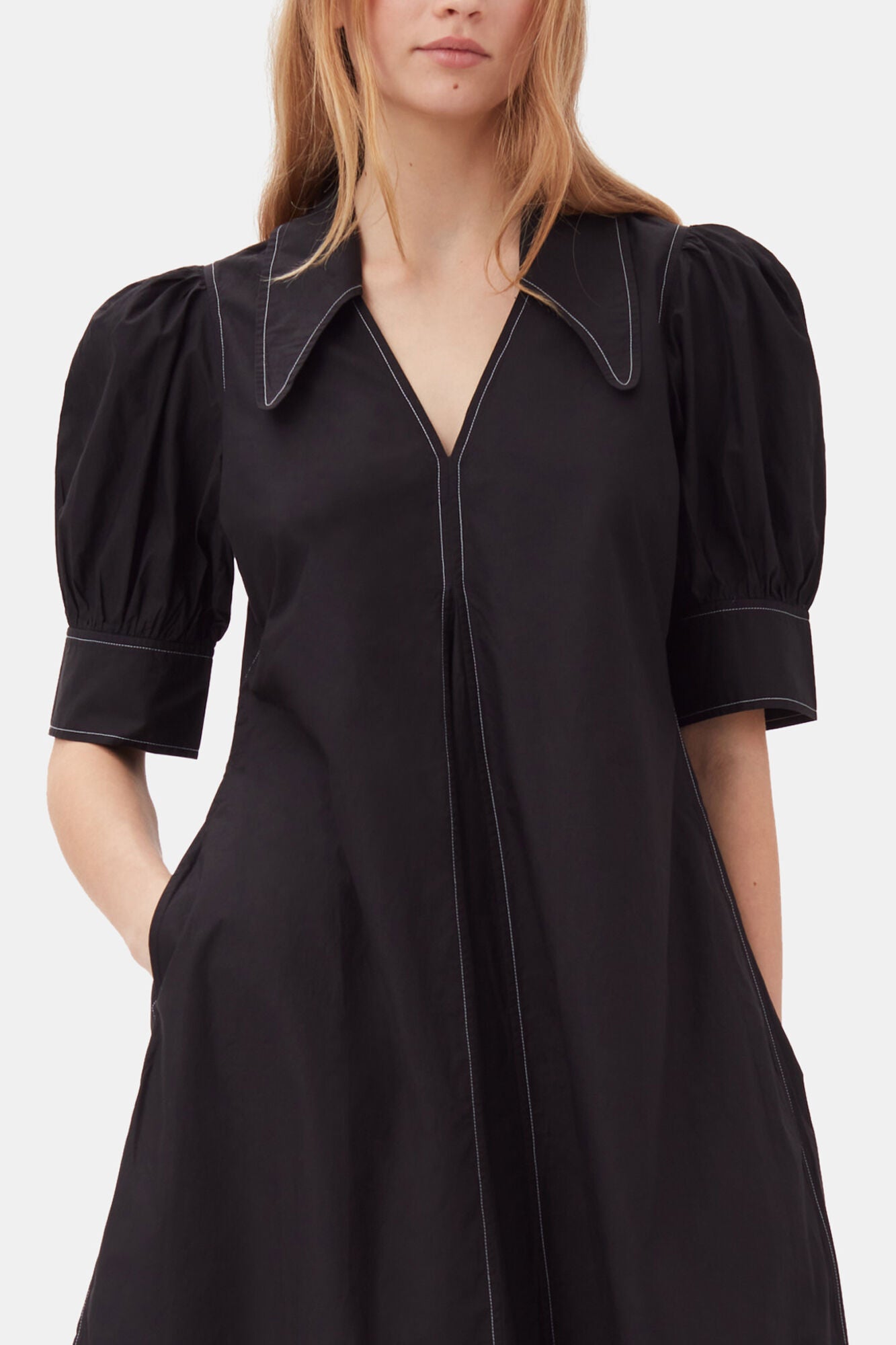 Cotton Poplin V-Neck Midi Dress - GANNI