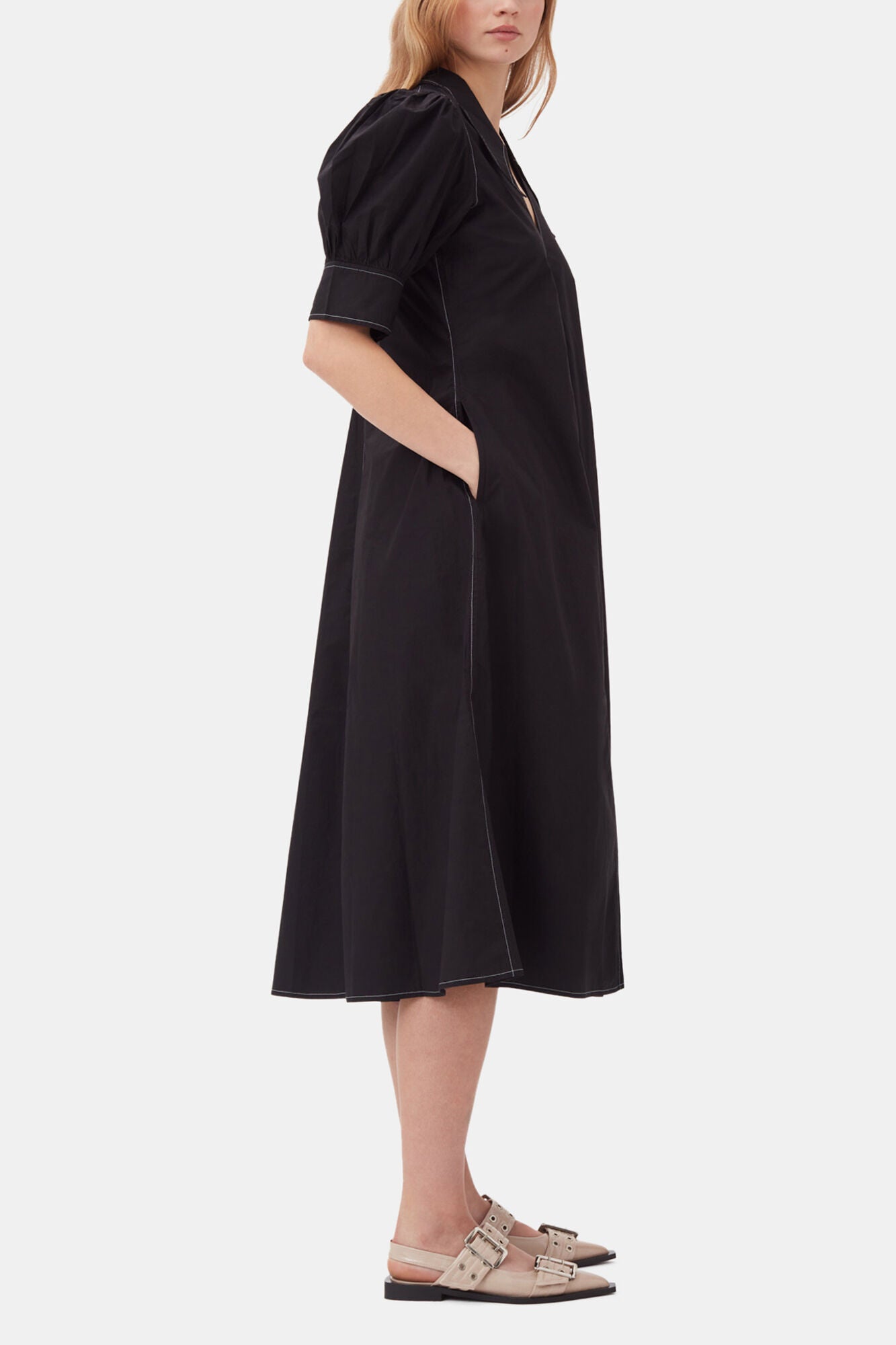 Cotton Poplin V-Neck Midi Dress - GANNI