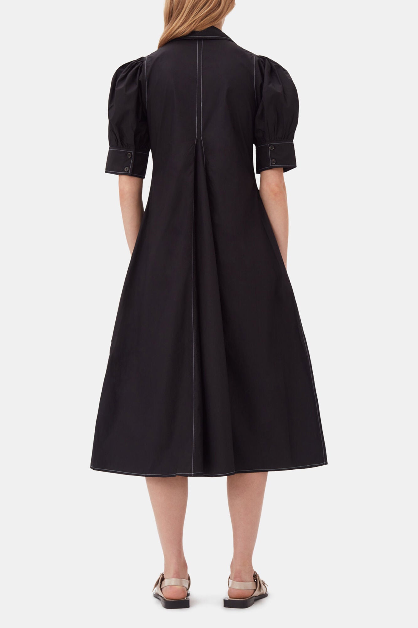 Cotton Poplin V-Neck Midi Dress - GANNI