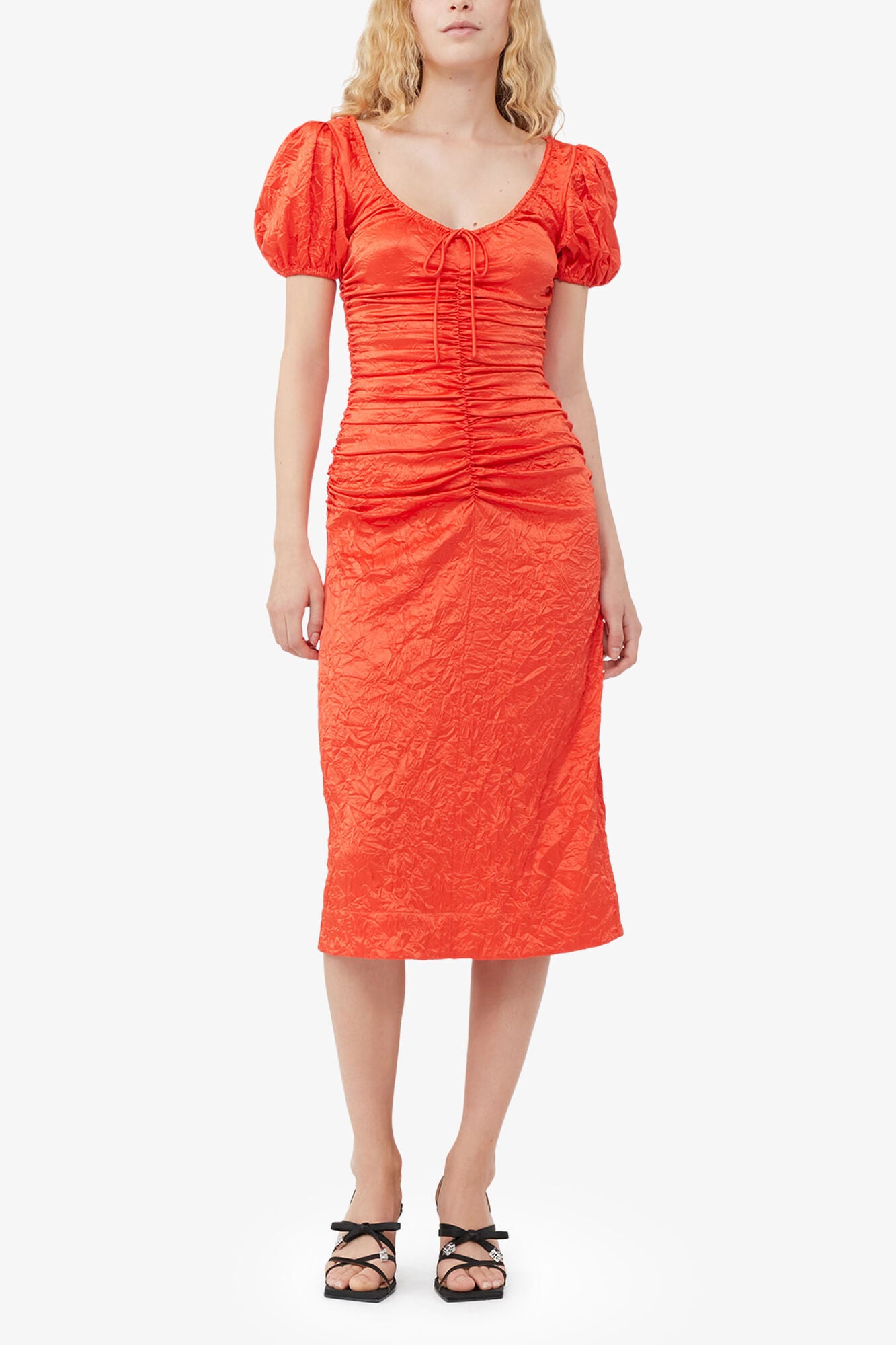 Red Crinkled Satin Midi Dress - GANNI