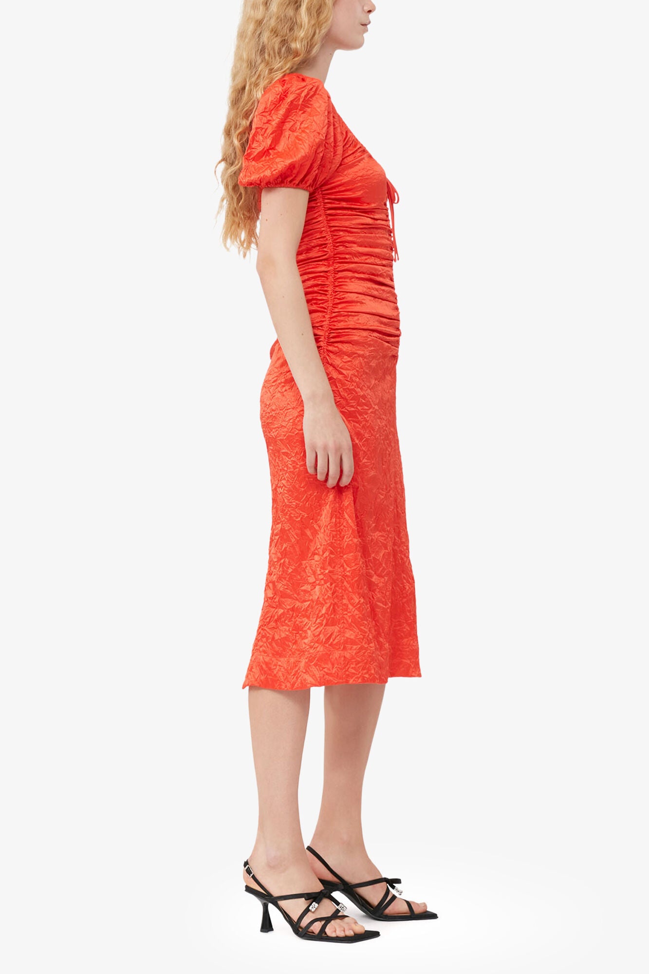 Red Crinkled Satin Midi Dress - GANNI