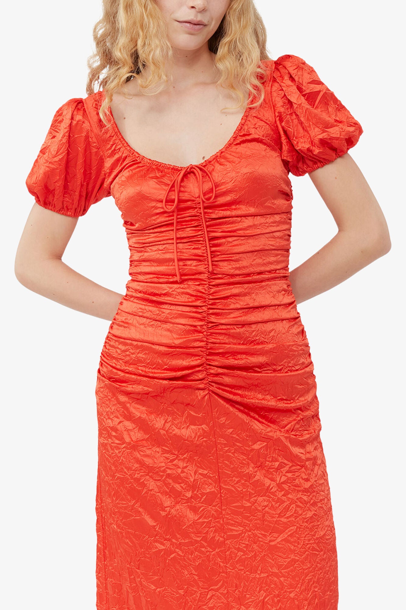 Red Crinkled Satin Midi Dress - GANNI