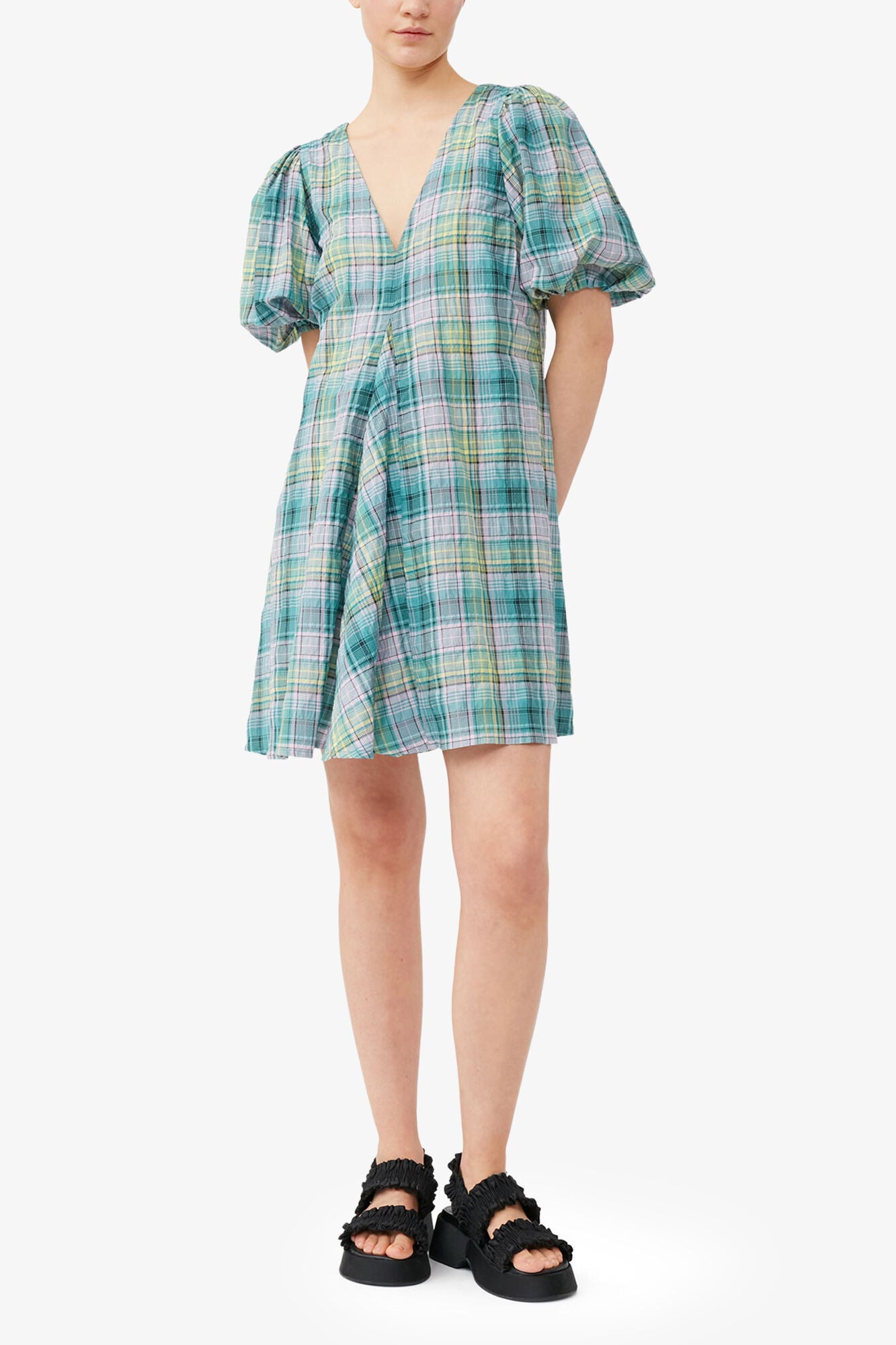 Seersucker Check V-Neck Mini Dress - GANNI