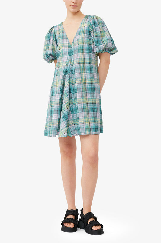 Seersucker Check V-Neck Mini Dress - GANNI