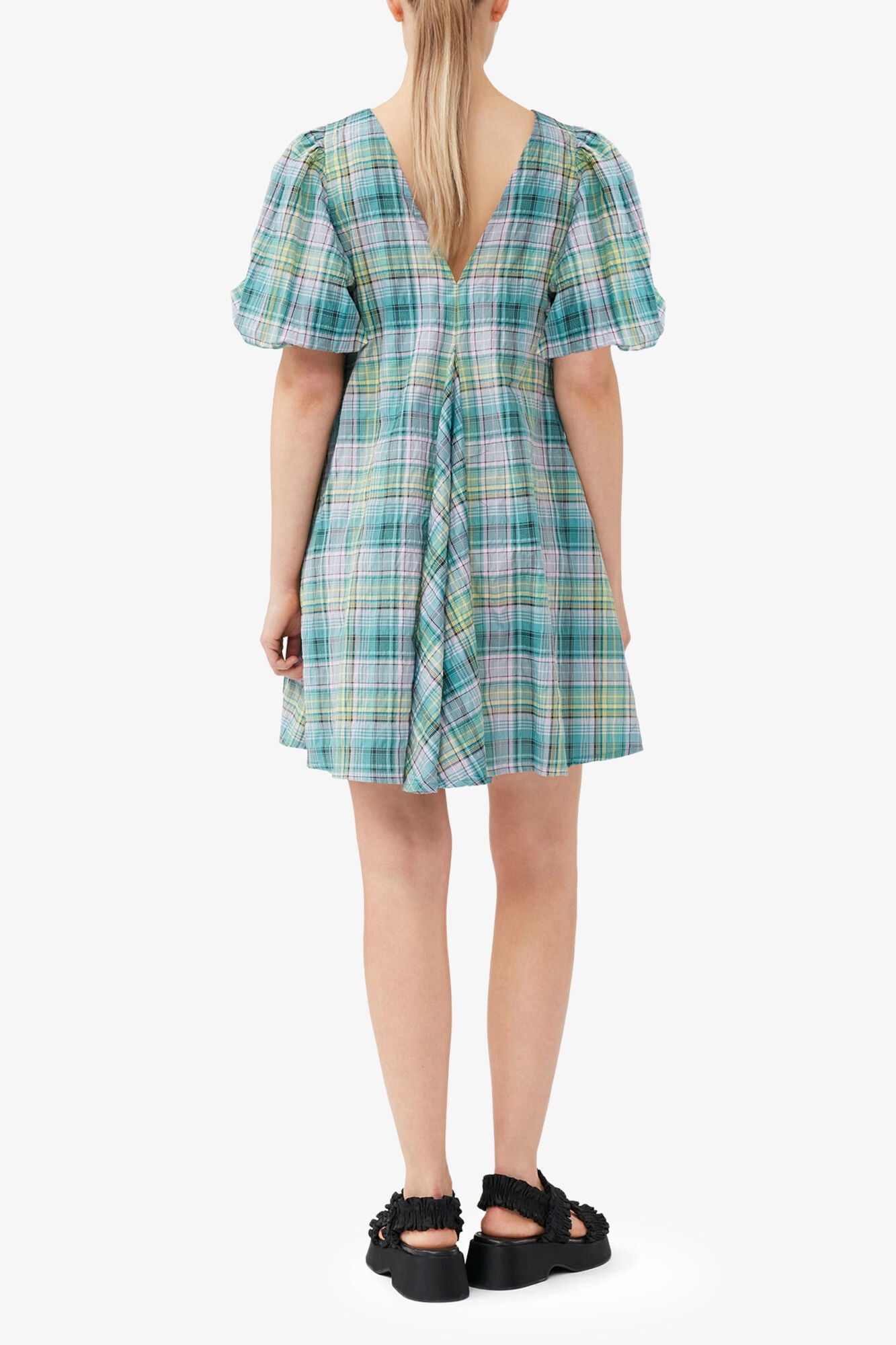 Seersucker Check V-Neck Mini Dress - GANNI
