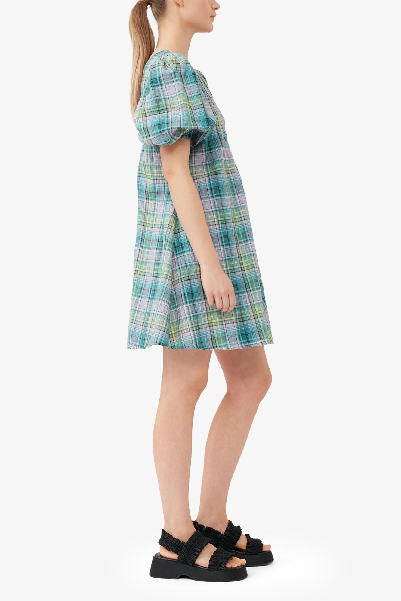 Seersucker Check V-Neck Mini Dress - GANNI