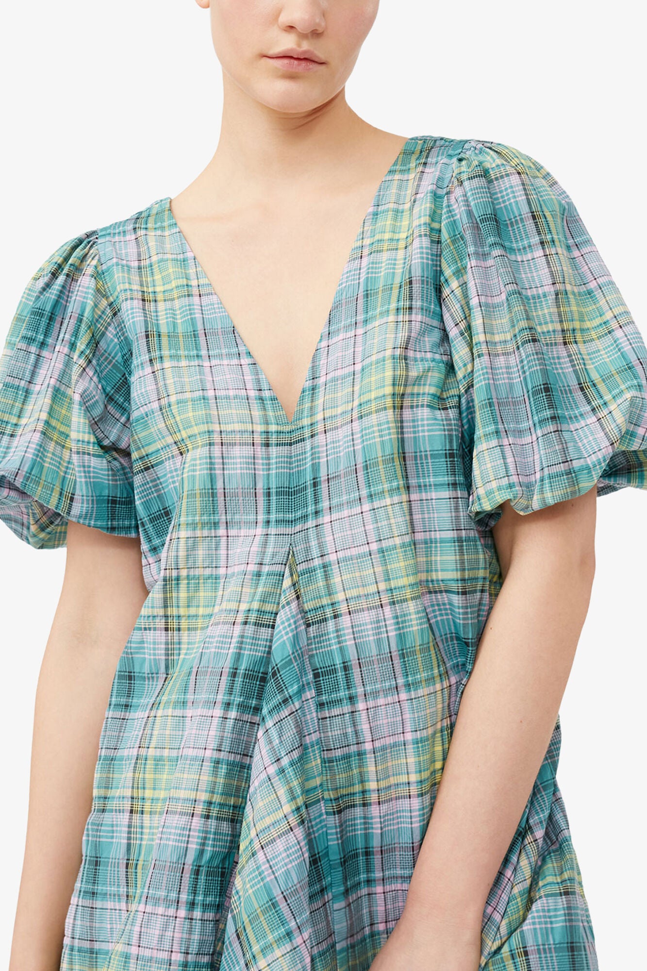 Seersucker Check V-Neck Mini Dress - GANNI