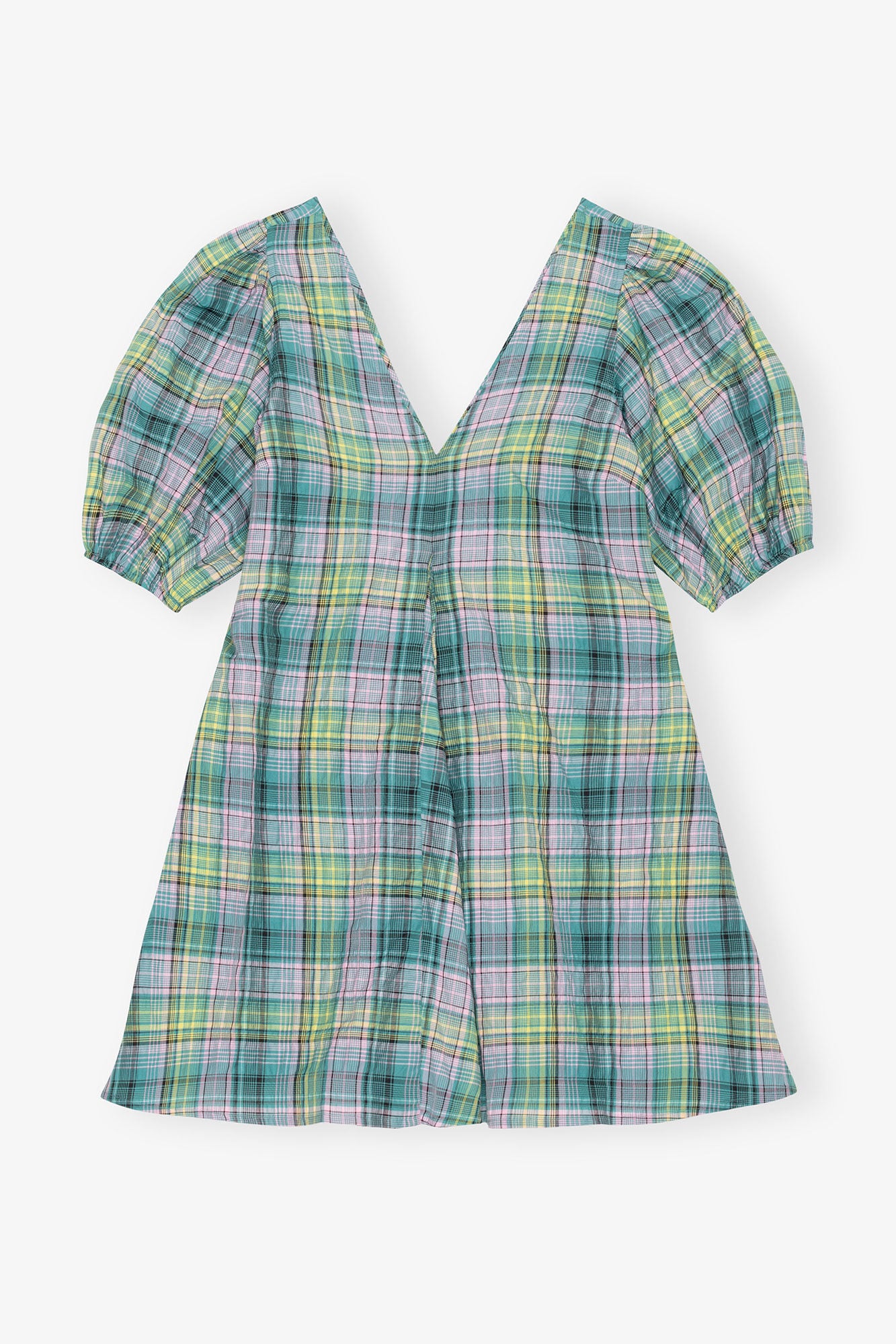 Seersucker Check V-Neck Mini Dress - GANNI