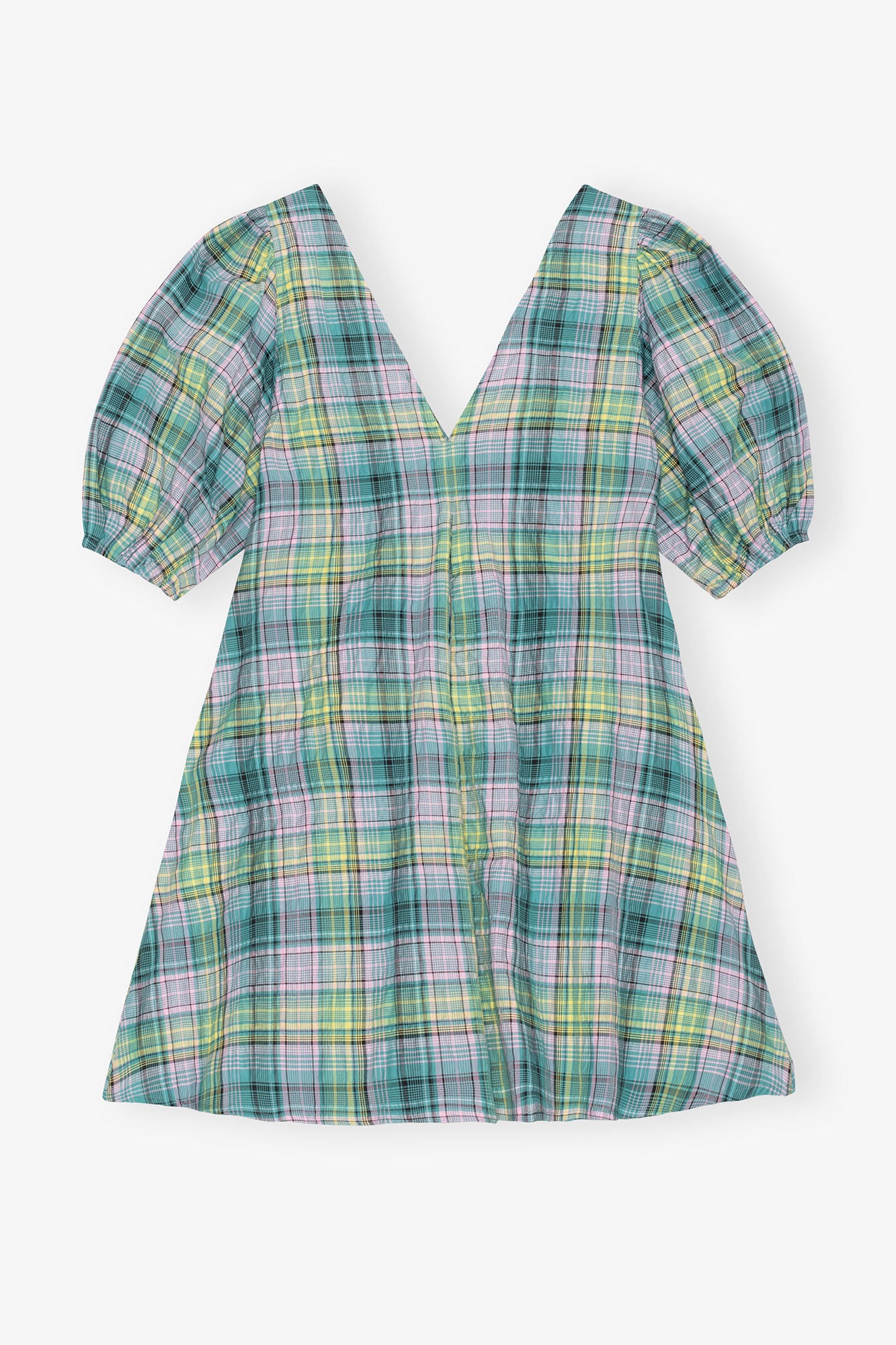 Seersucker Check V-Neck Mini Dress - GANNI