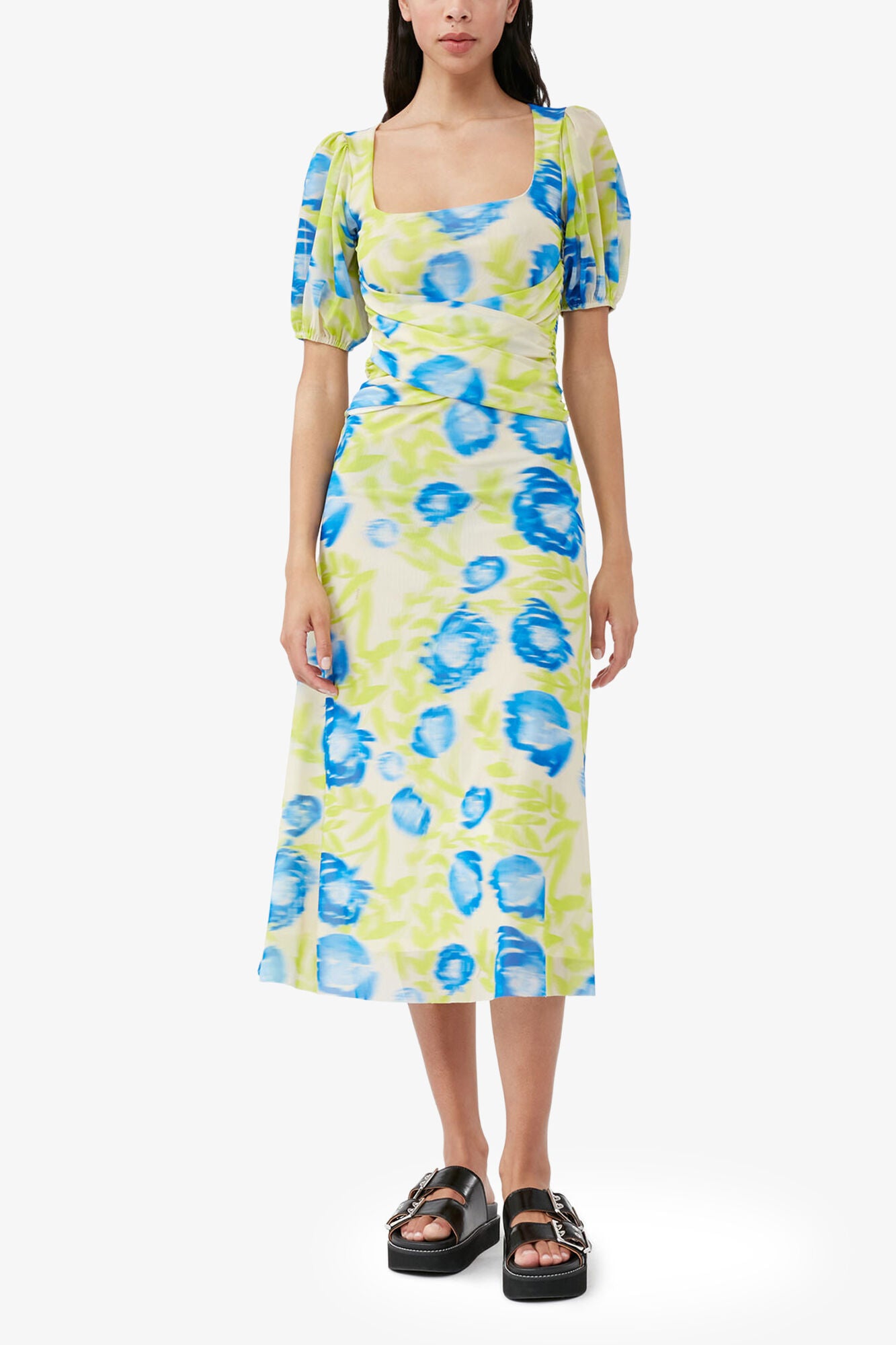 Printed Mesh Puff Sleeve Midi Dress - GANNI
