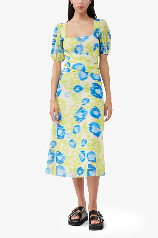 Printed Mesh Puff Sleeve Midi Dress - GANNI