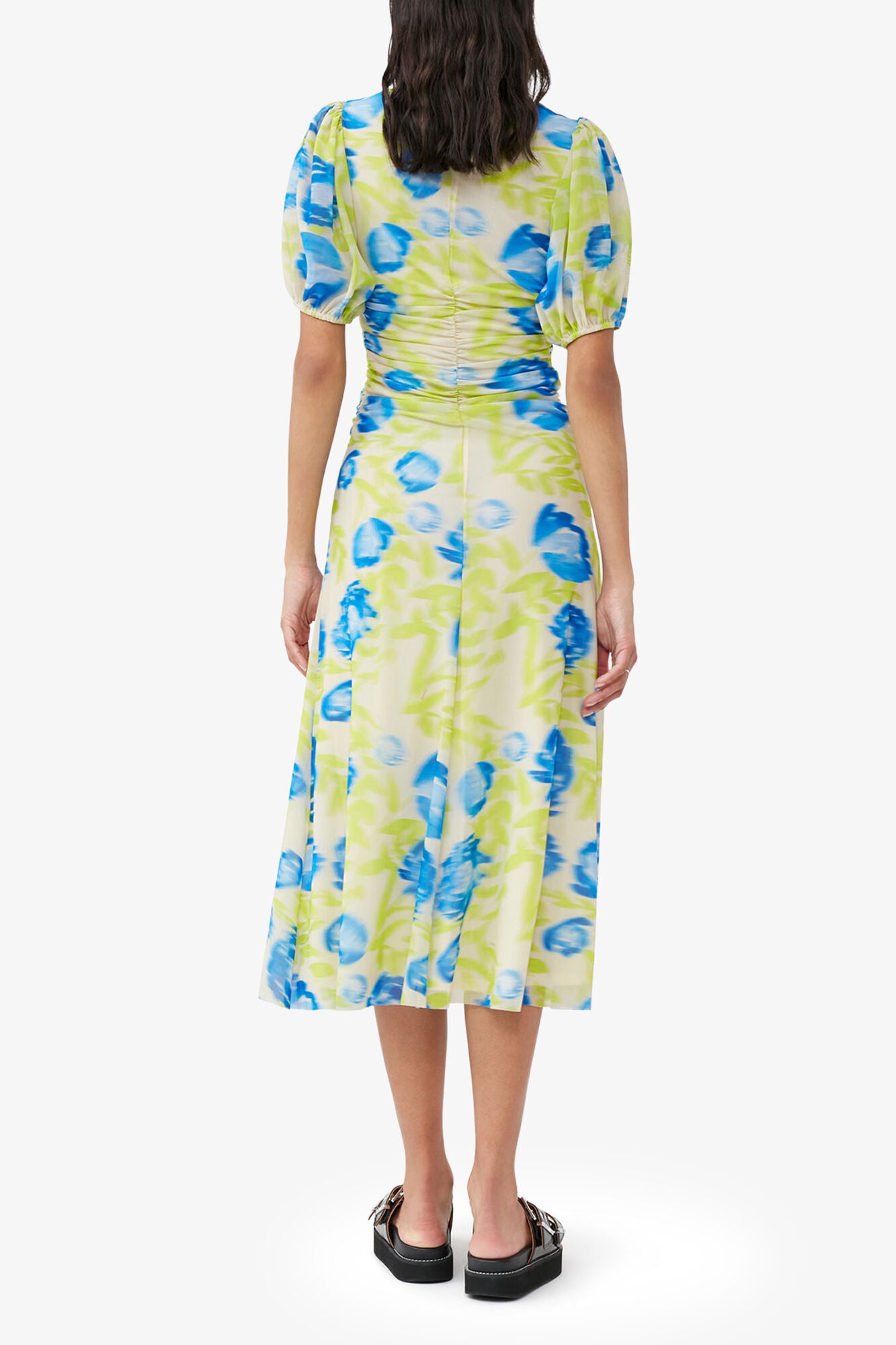 Printed Mesh Puff Sleeve Midi Dress - GANNI