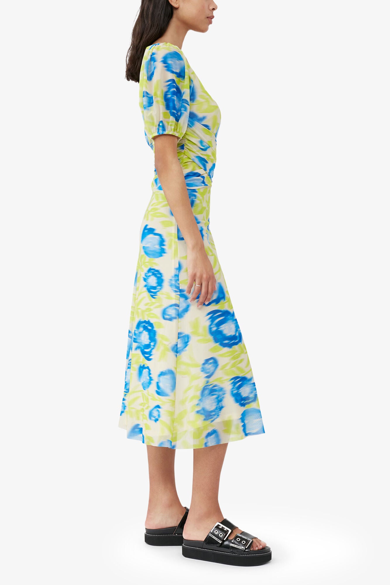 Printed Mesh Puff Sleeve Midi Dress - GANNI