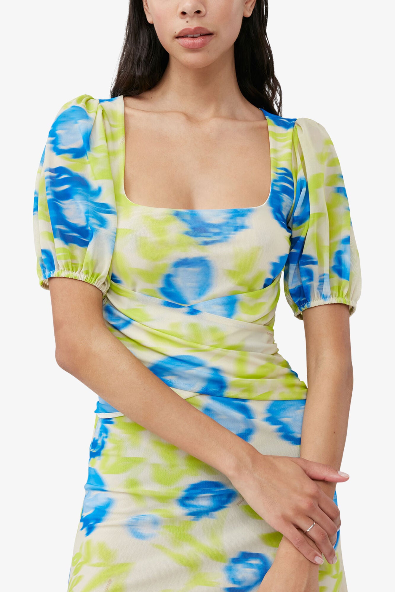Printed Mesh Puff Sleeve Midi Dress - GANNI