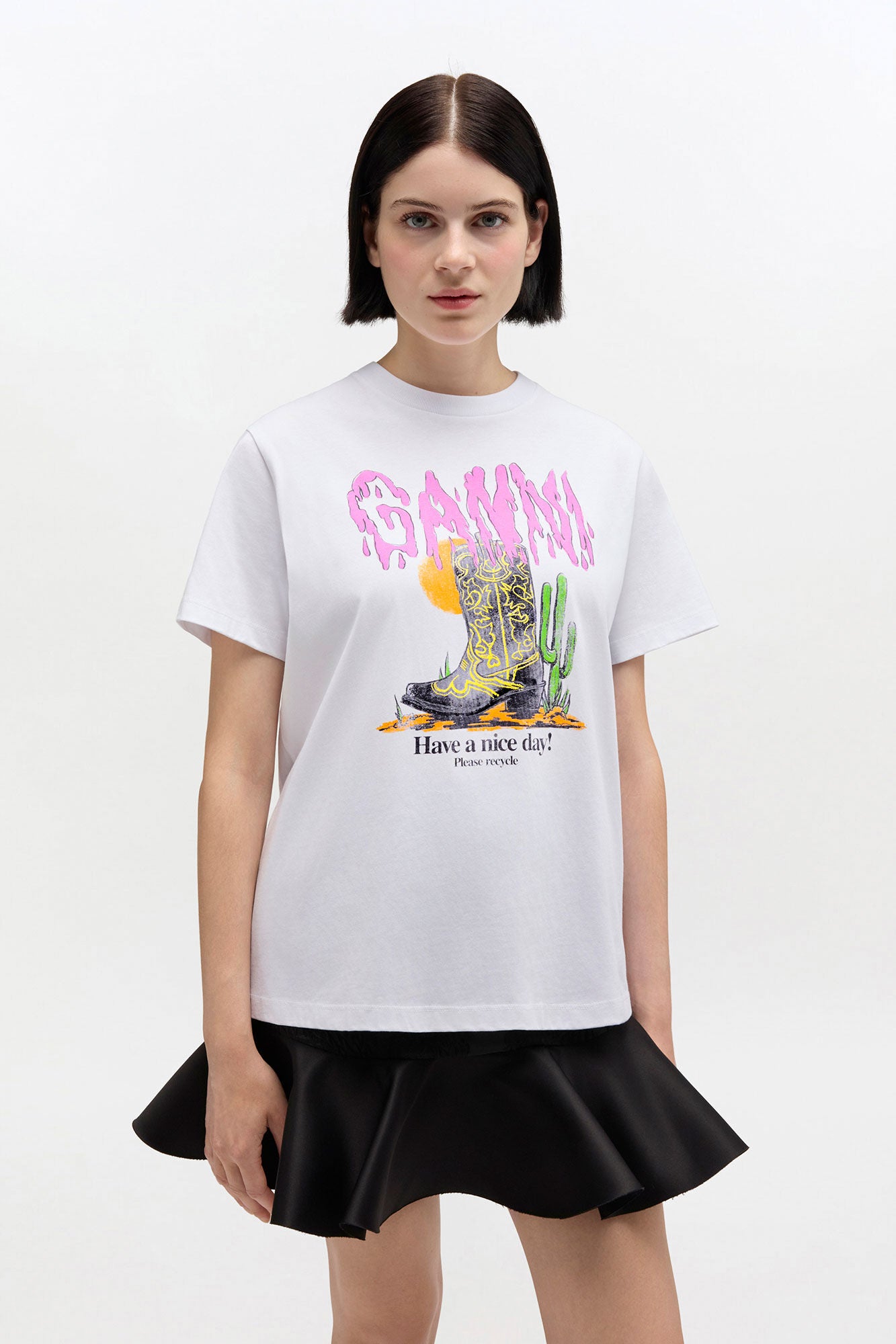 White Western Boot Print T-shirt - GANNI