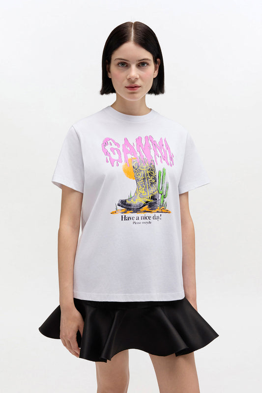 White Western Boot Print T-shirt - GANNI
