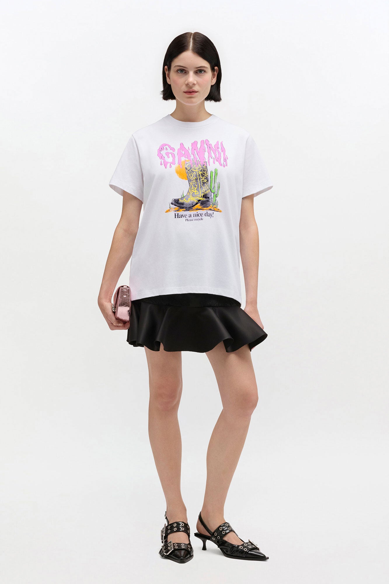 White Western Boot Print T-shirt - GANNI