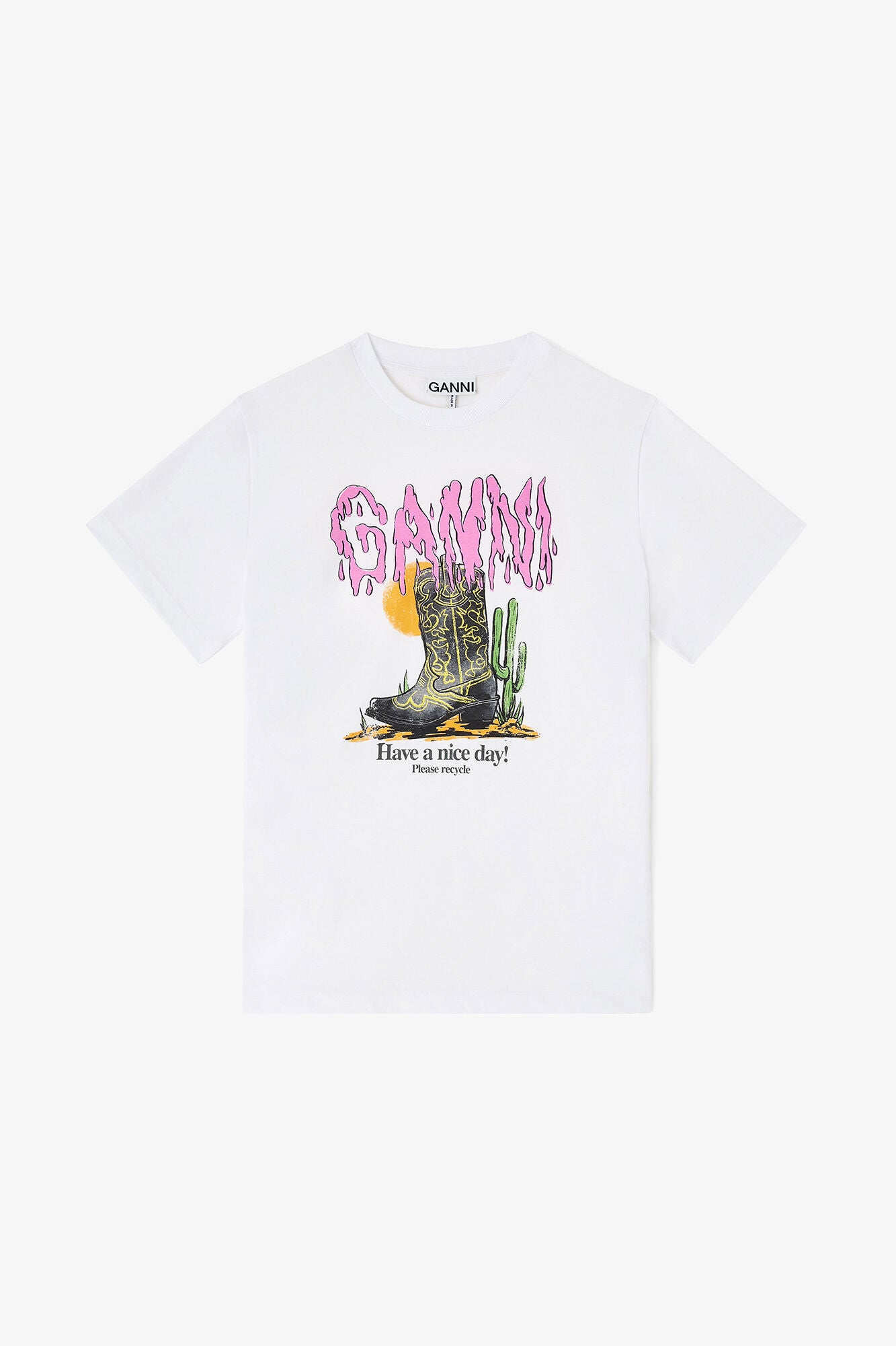 White Western Boot Print T-shirt - GANNI