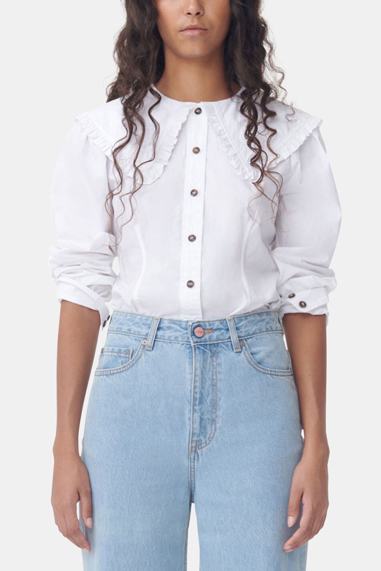 White Frill Collar Poplin Shirt - GANNI