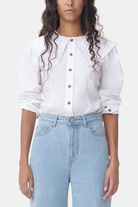 White Frill Collar Poplin Shirt - GANNI