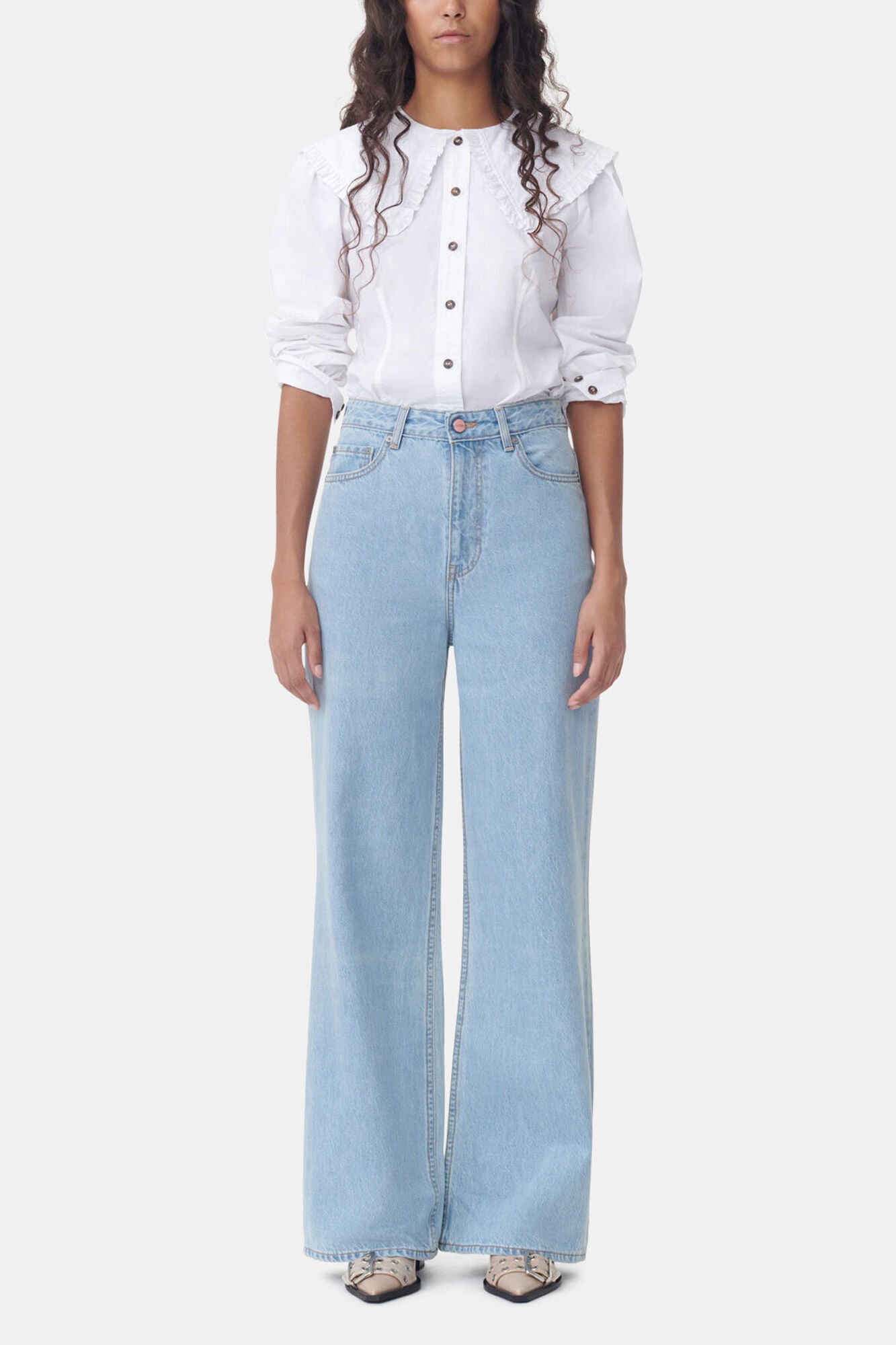 White Frill Collar Poplin Shirt - GANNI