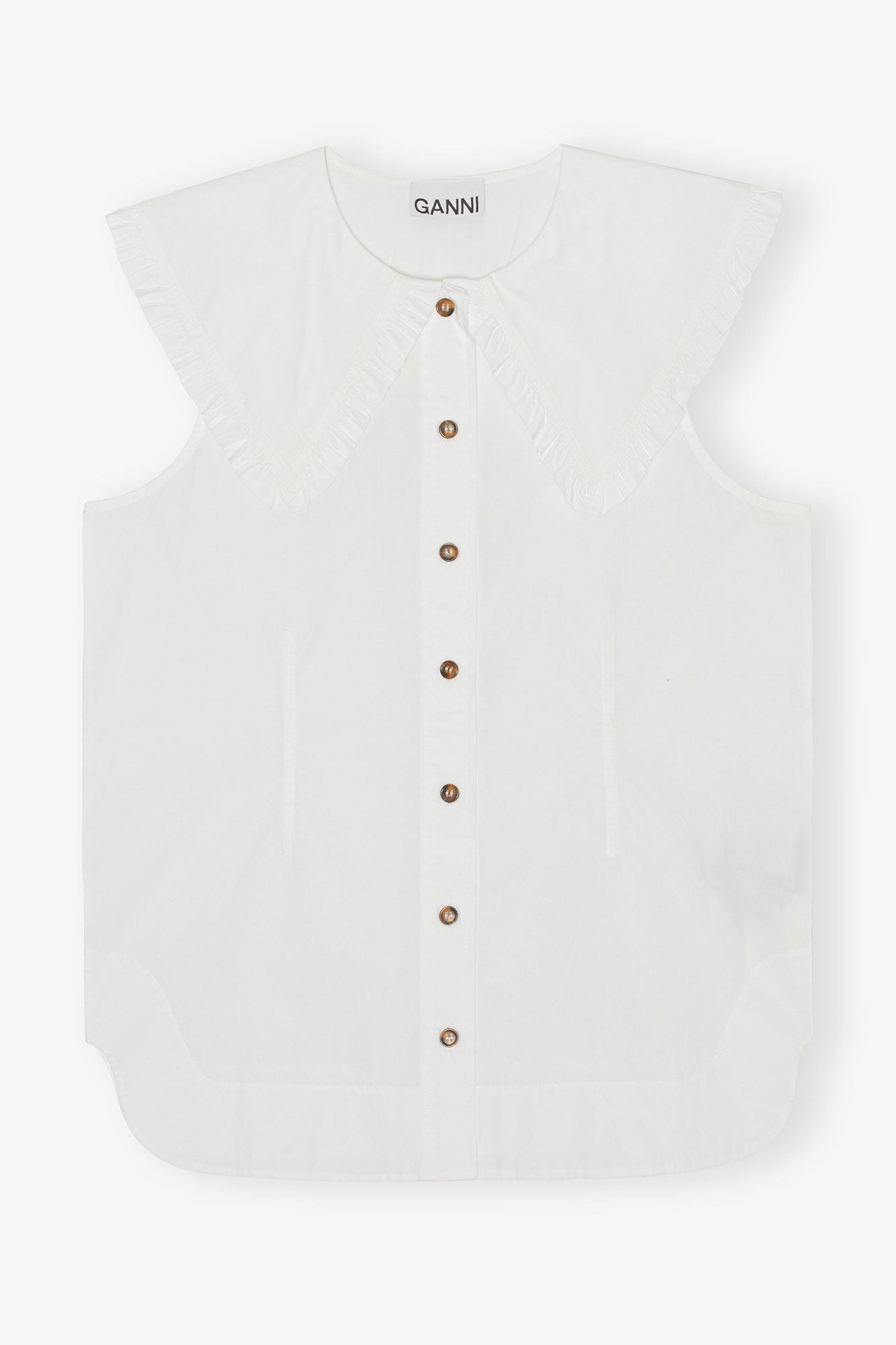 Cotton Poplin Sleeveless Frill Collar Shirt - GANNI