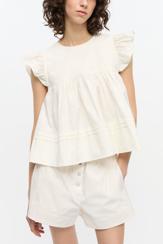 White Stretch Cotton Frill Sleeve Top - GANNI
