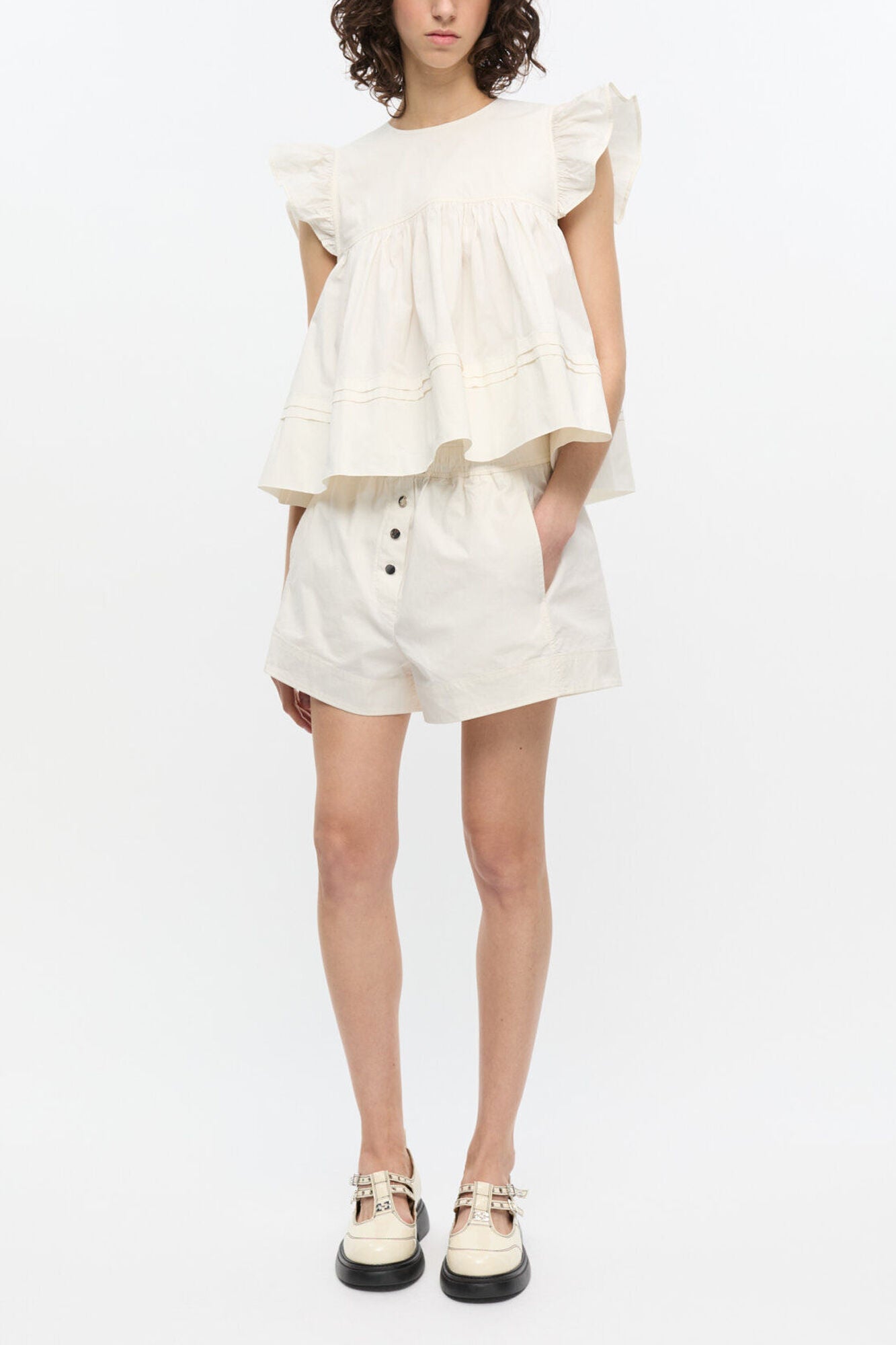 White Stretch Cotton Frill Sleeve Top - GANNI