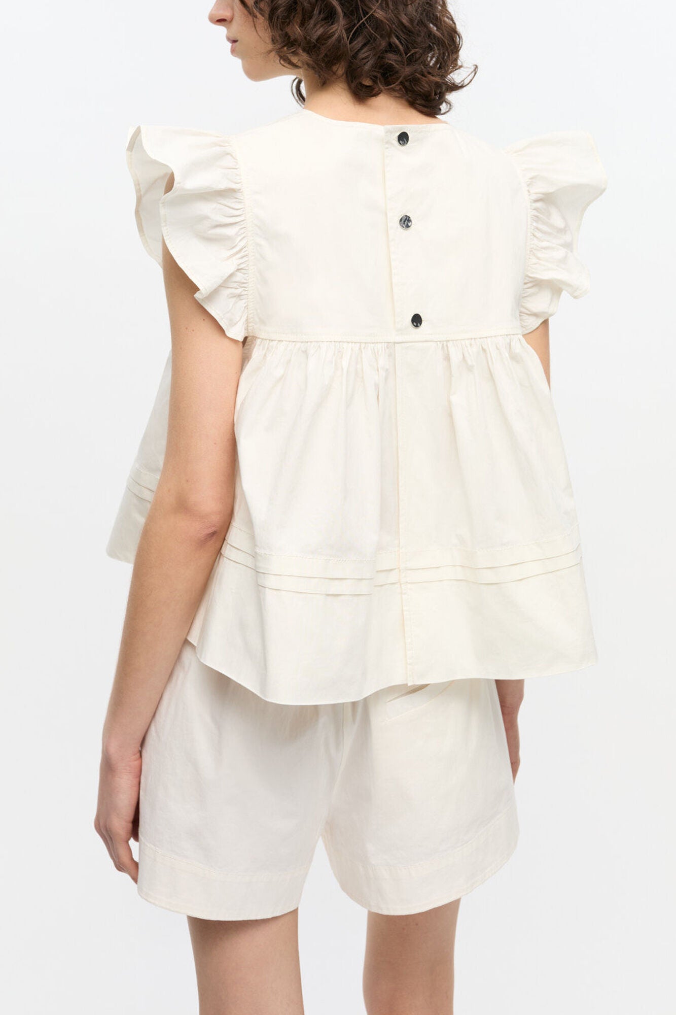 White Stretch Cotton Frill Sleeve Top - GANNI