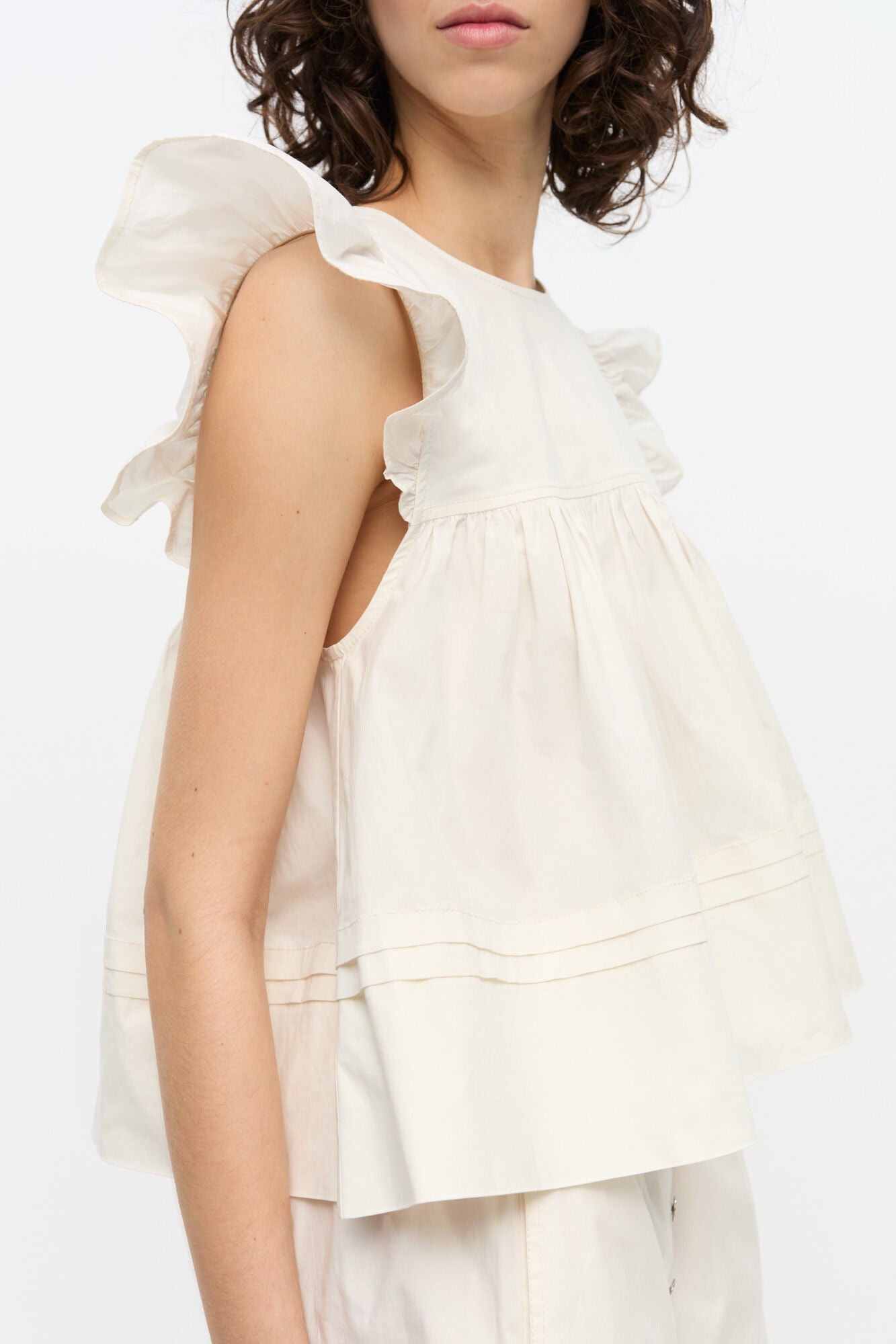 White Stretch Cotton Frill Sleeve Top - GANNI