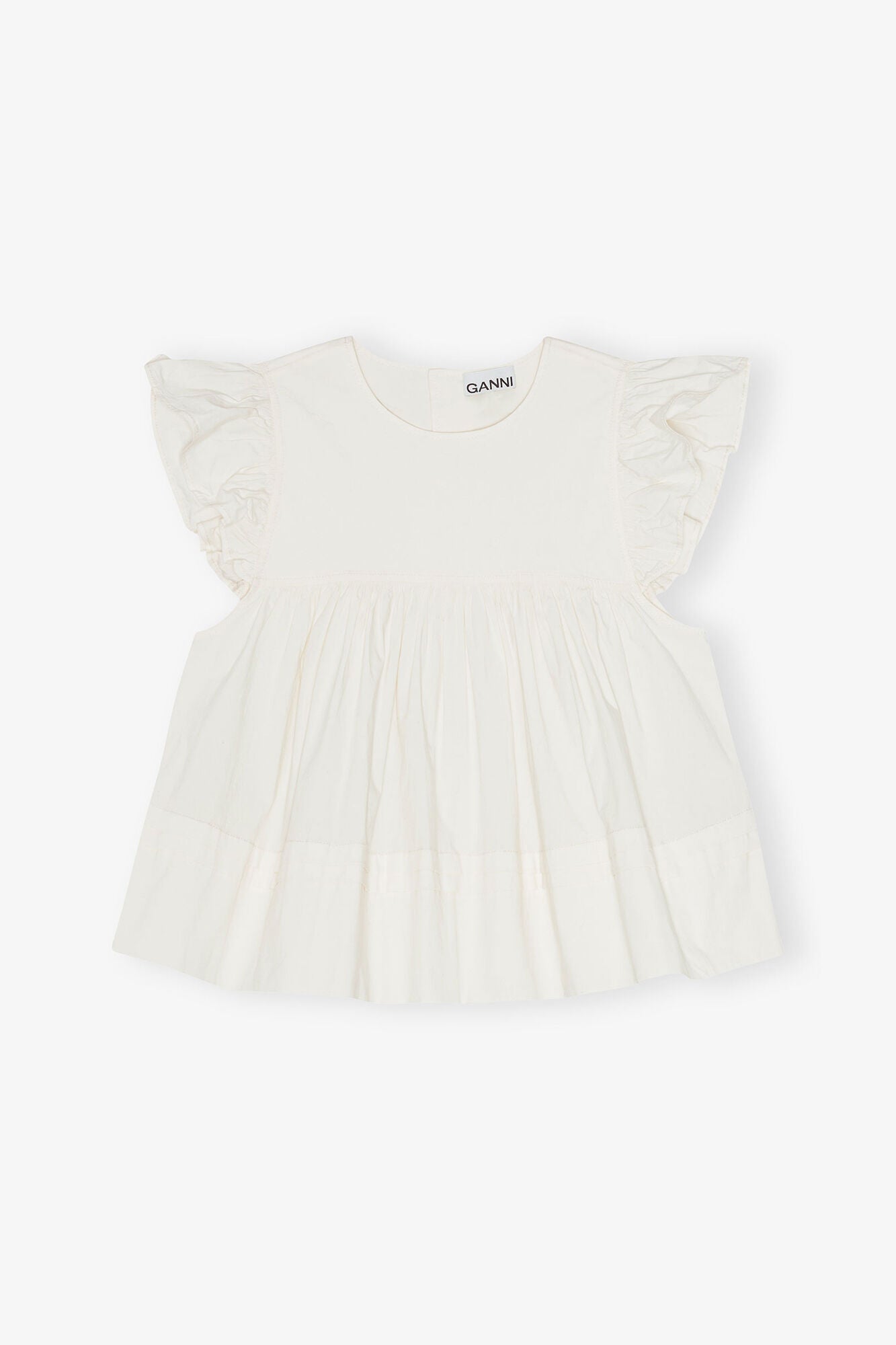 White Stretch Cotton Frill Sleeve Top - GANNI