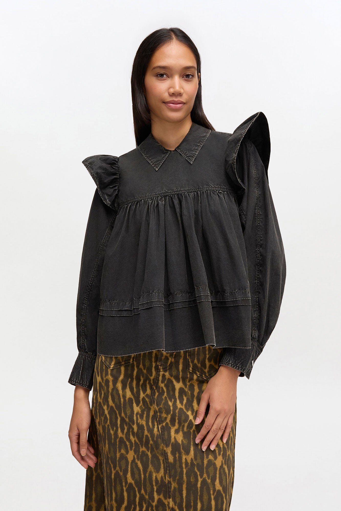 Black Washed Frill Blouse - GANNI