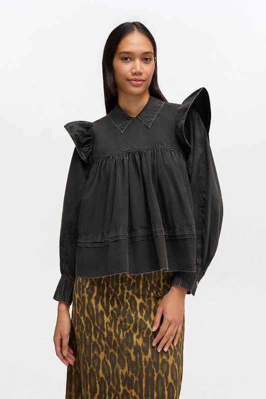 Black Washed Frill Blouse - GANNI