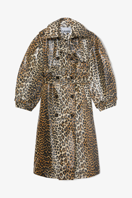 Leopard Laminated Cotton Trench Coat - GANNI