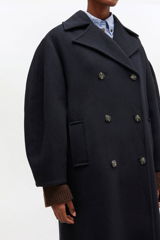 Dark Blue Wool Oversized Long Peacoat - GANNI
