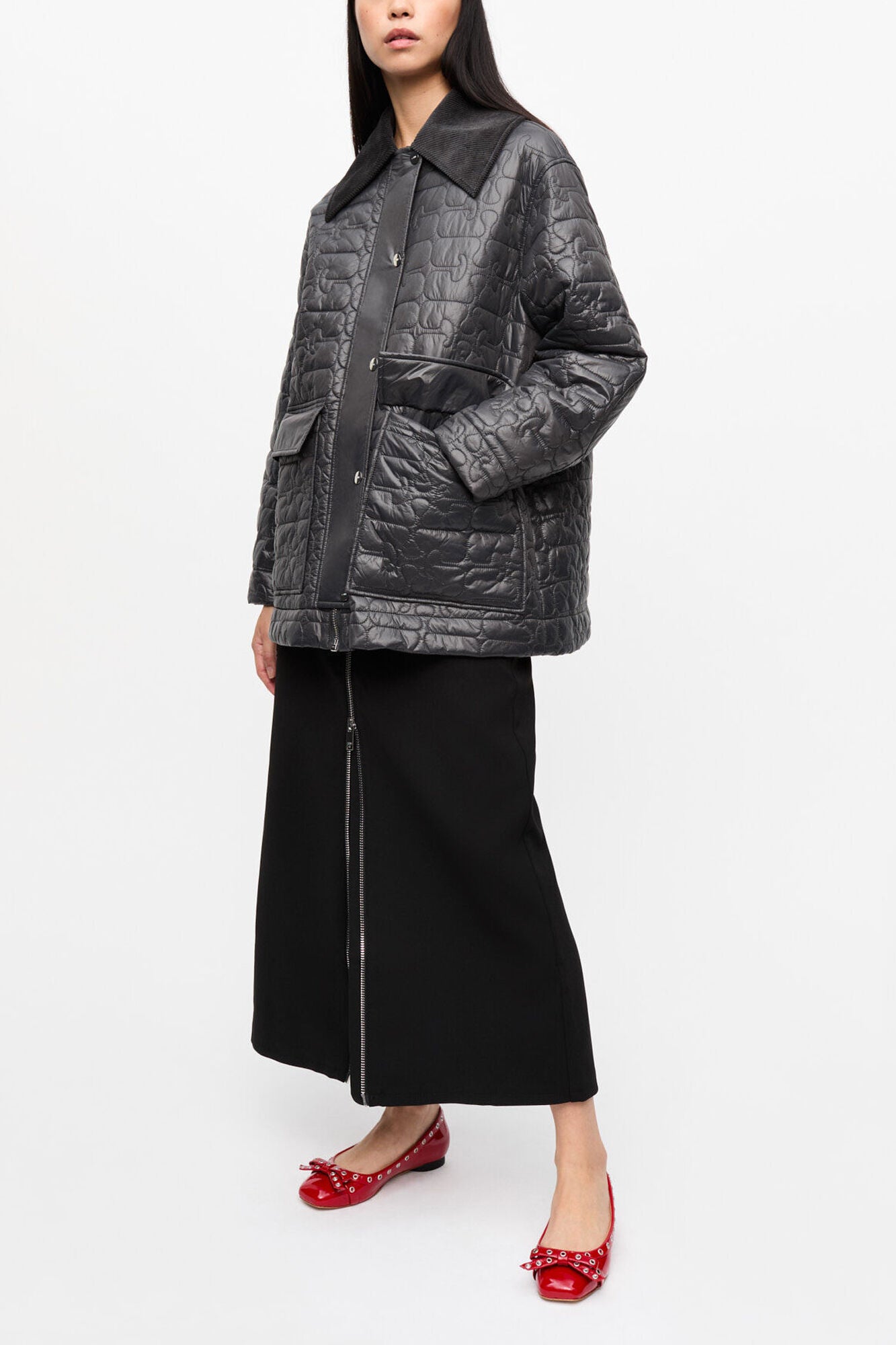Black Shiny Quilt Midi Jacket - GANNI