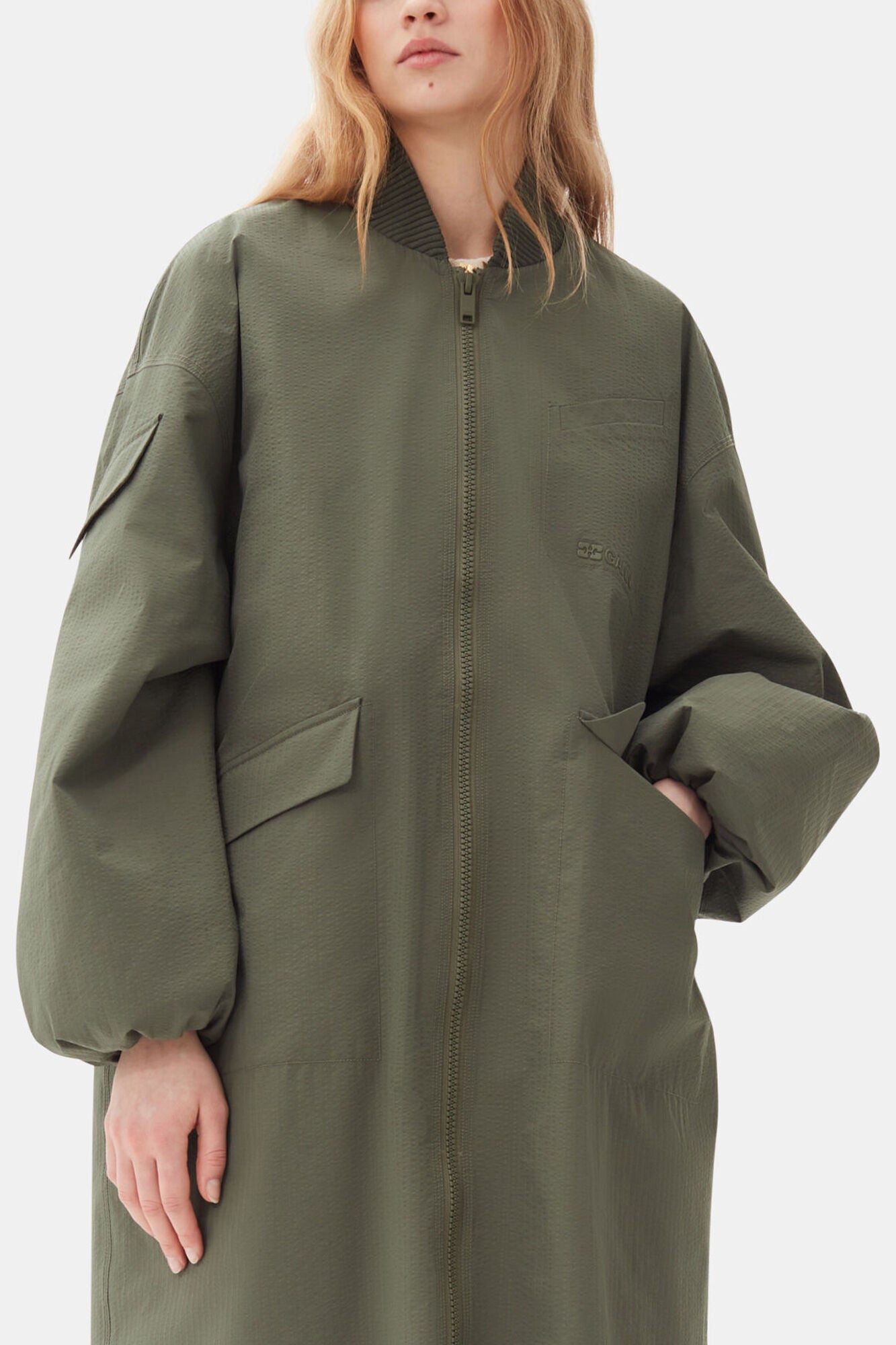 Green Tech Seersucker Oversized Shell Coat - GANNI