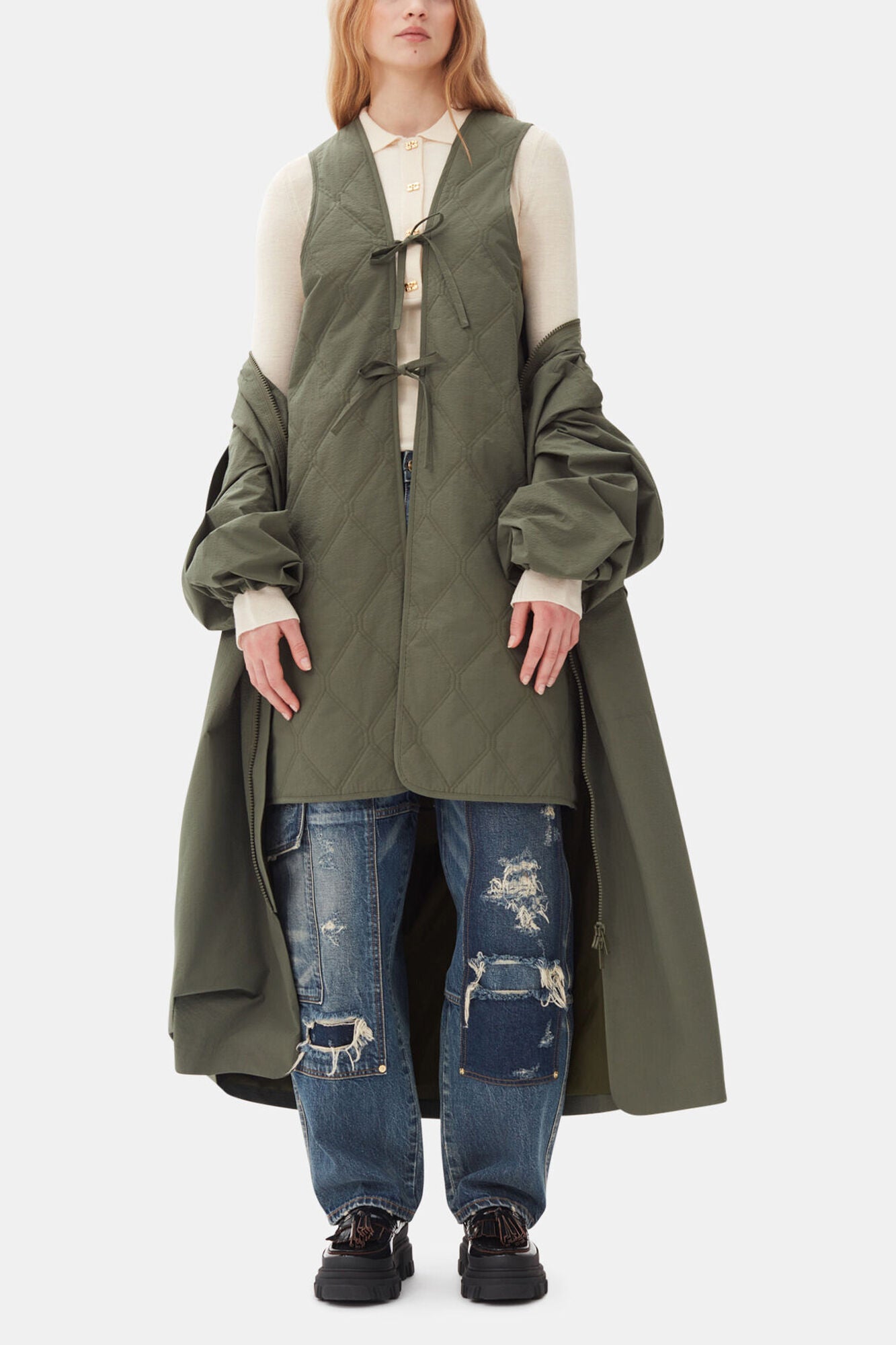 Green Tech Seersucker Oversized Shell Coat - GANNI