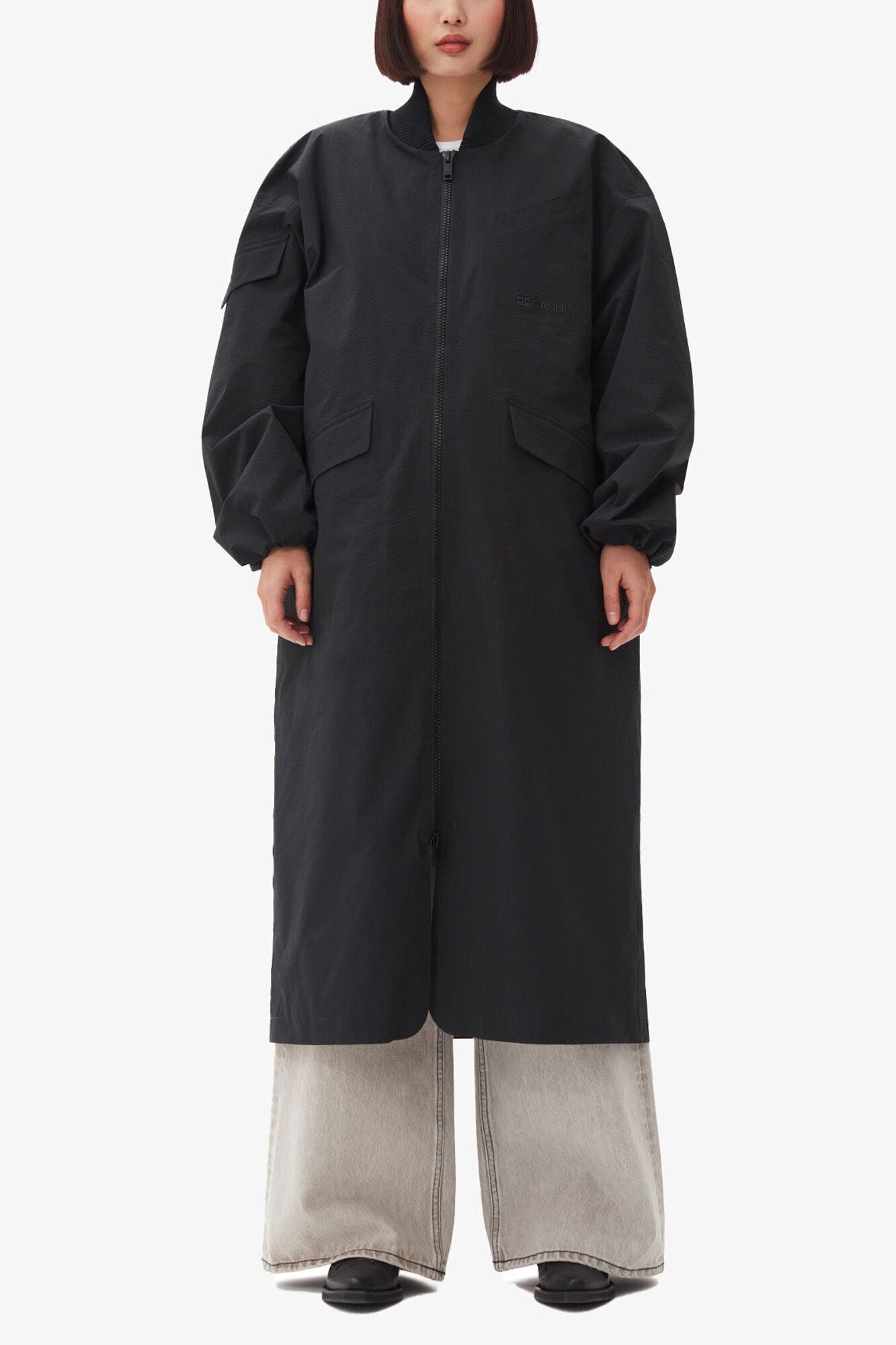 Black Tech Seersucker Oversized Shell Coat - GANNI