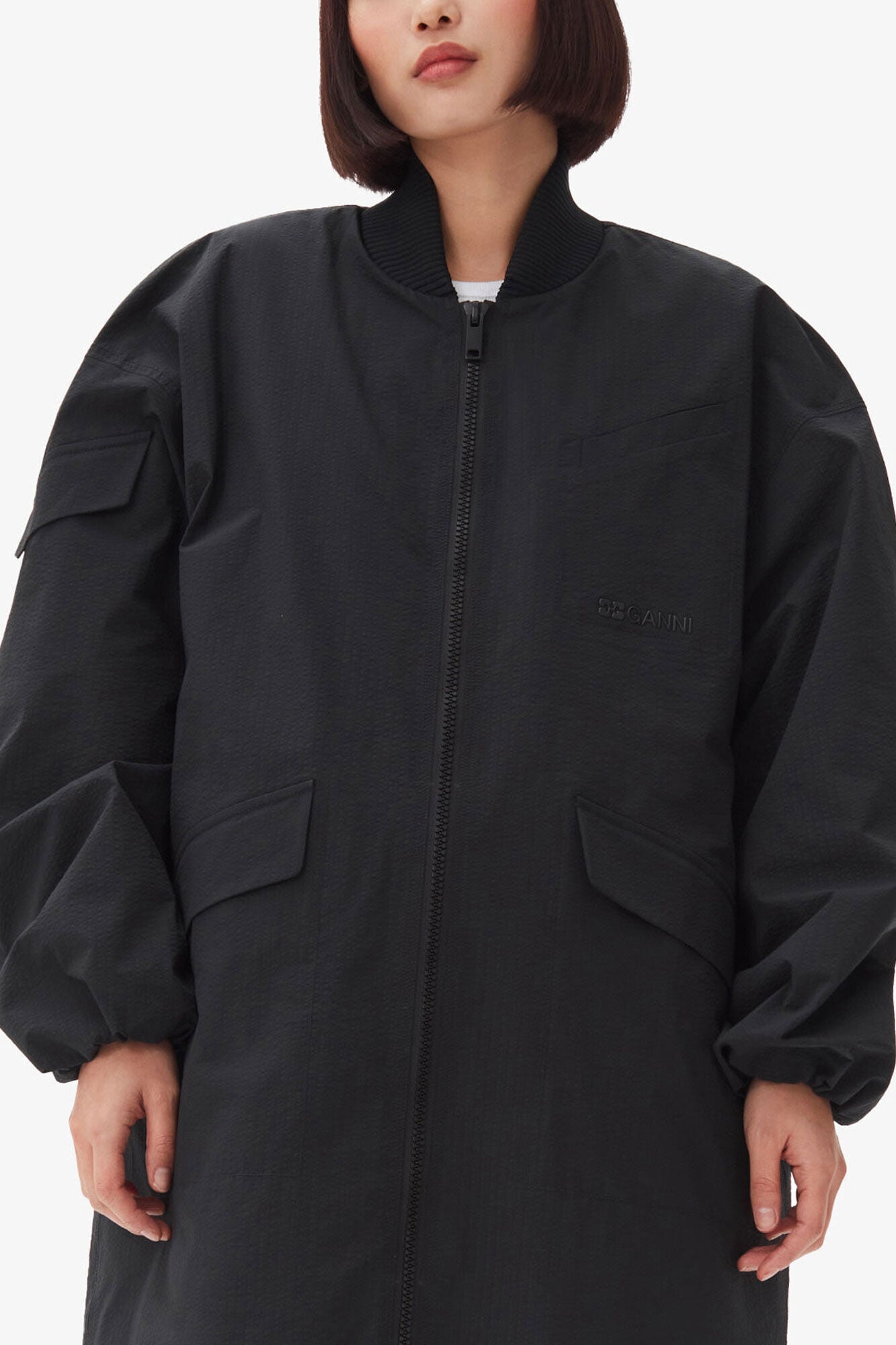 Black Tech Seersucker Oversized Shell Coat - GANNI