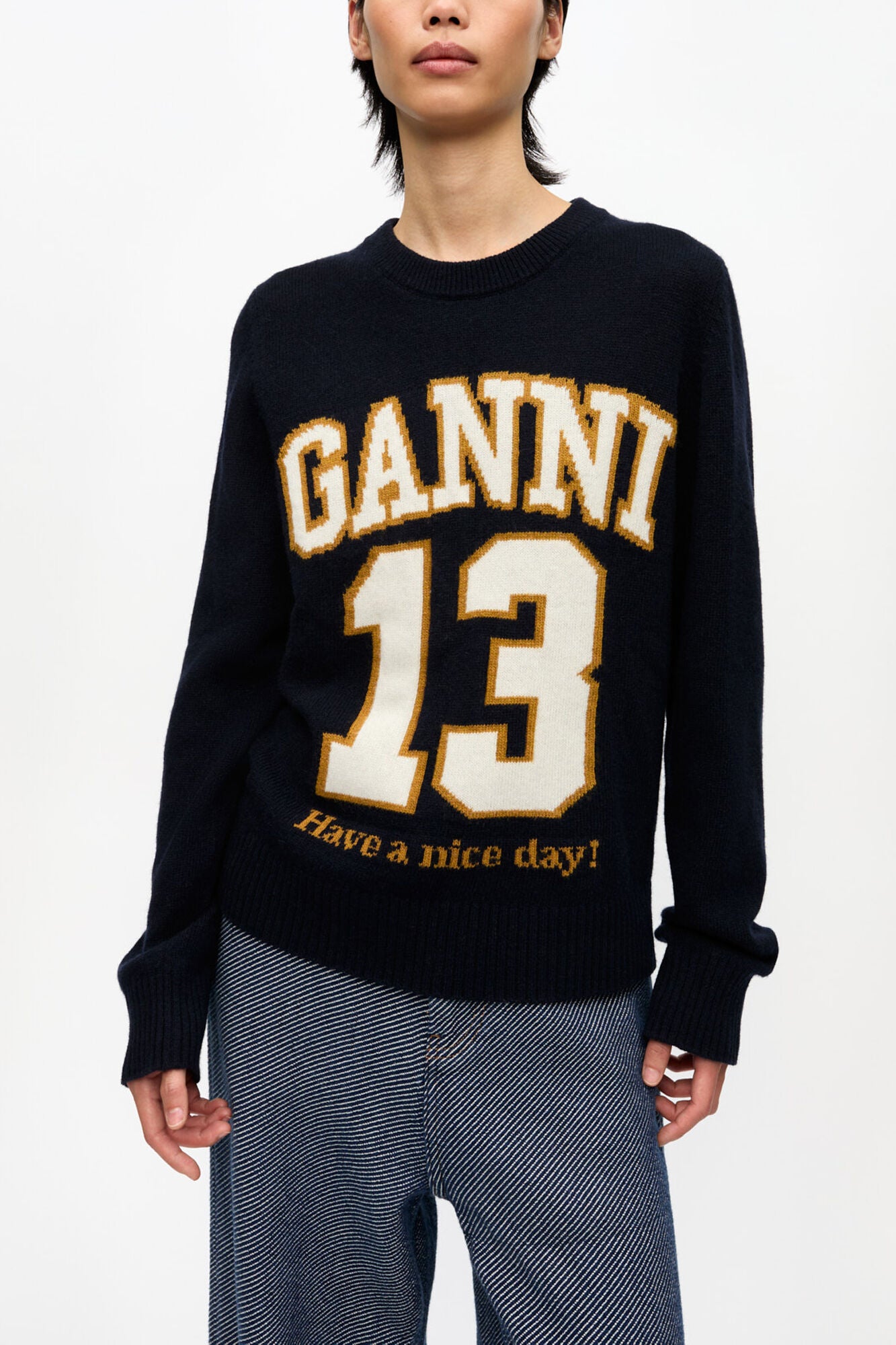 Dark Blue Graphic Wool Mix Baseball Sweater - GANNI