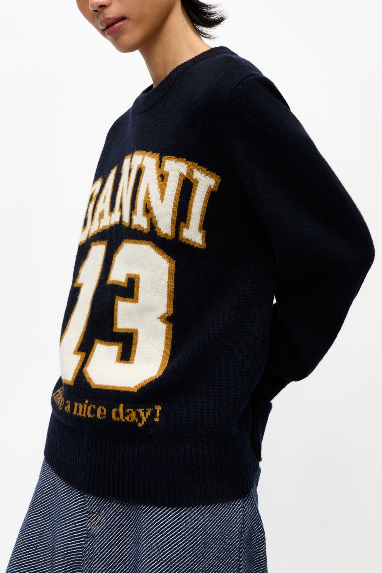 Dark Blue Graphic Wool Mix Baseball Sweater - GANNI