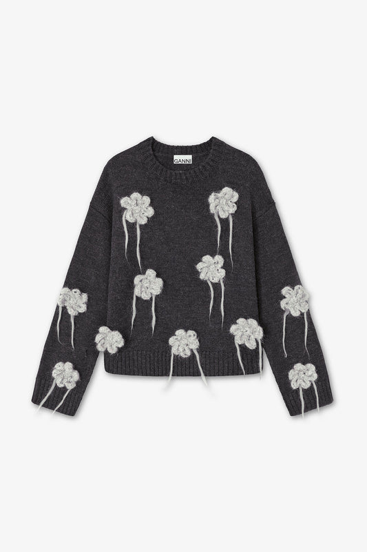 Dark Grey Flower Crochet Sweater - GANNI