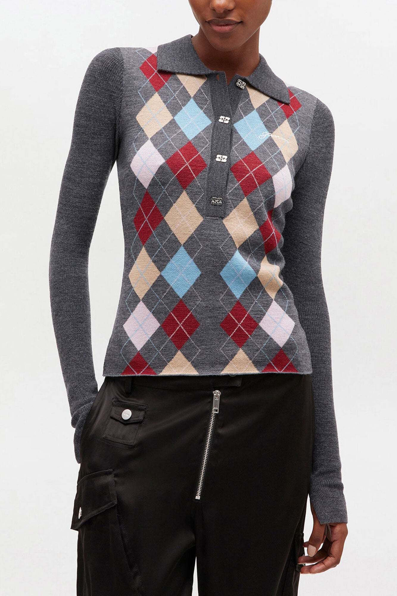 Dark Grey Knitted Polo Shirt - GANNI