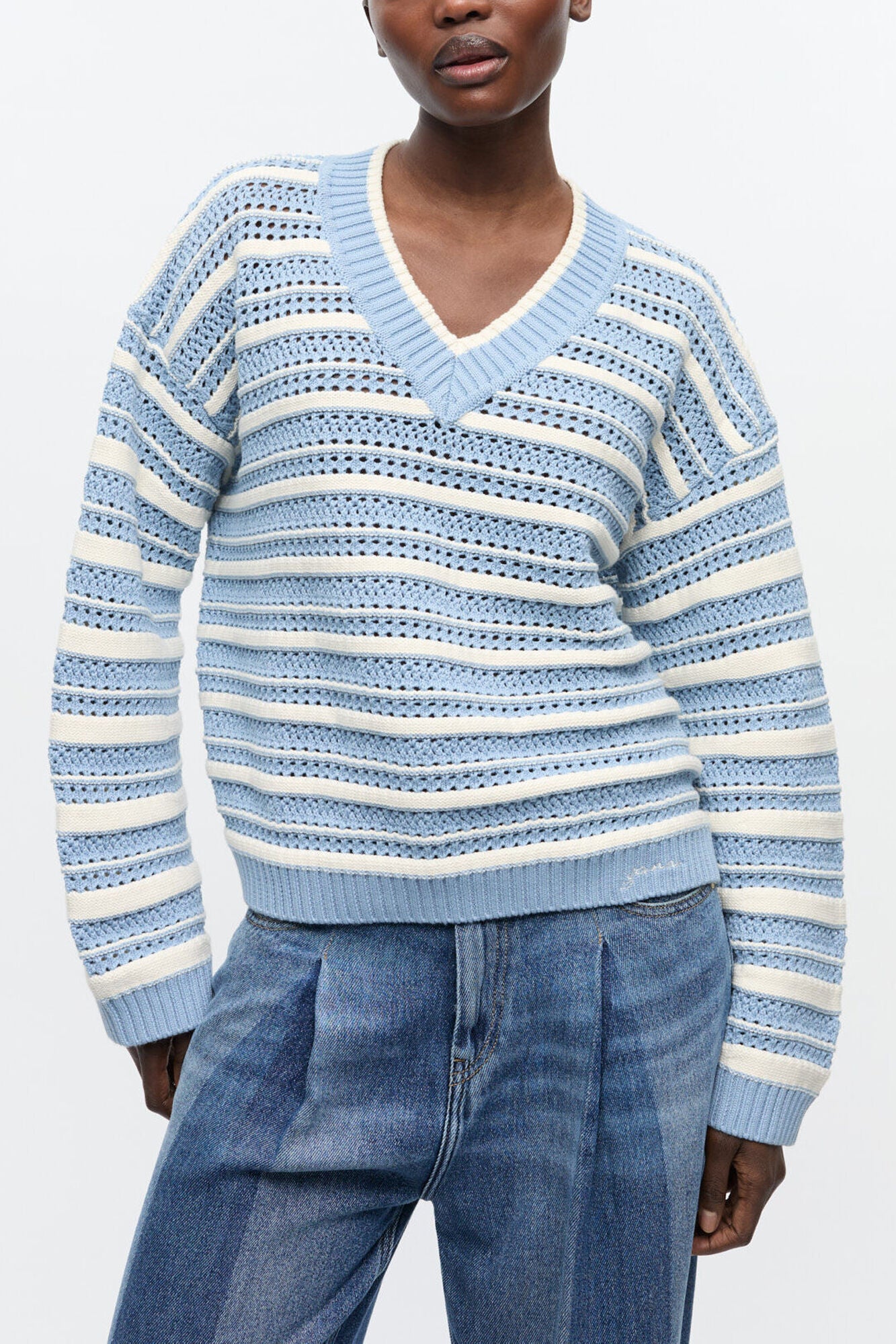 Blue Striped Cotton V-neck Sweater - GANNI