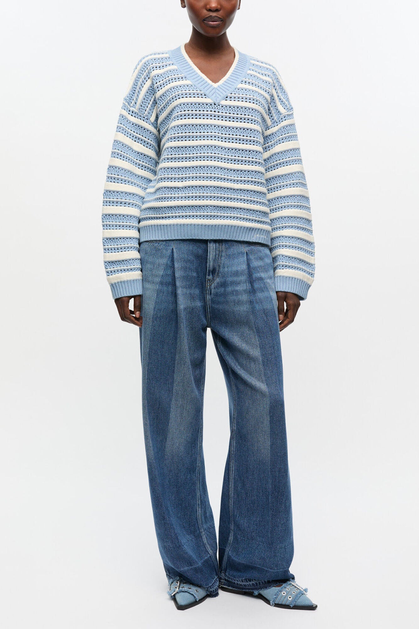 Blue Striped Cotton V-neck Sweater - GANNI