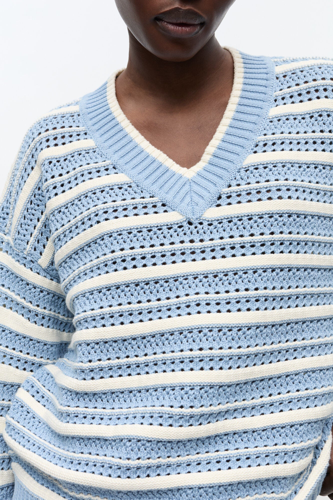 Blue Striped Cotton V-neck Sweater - GANNI