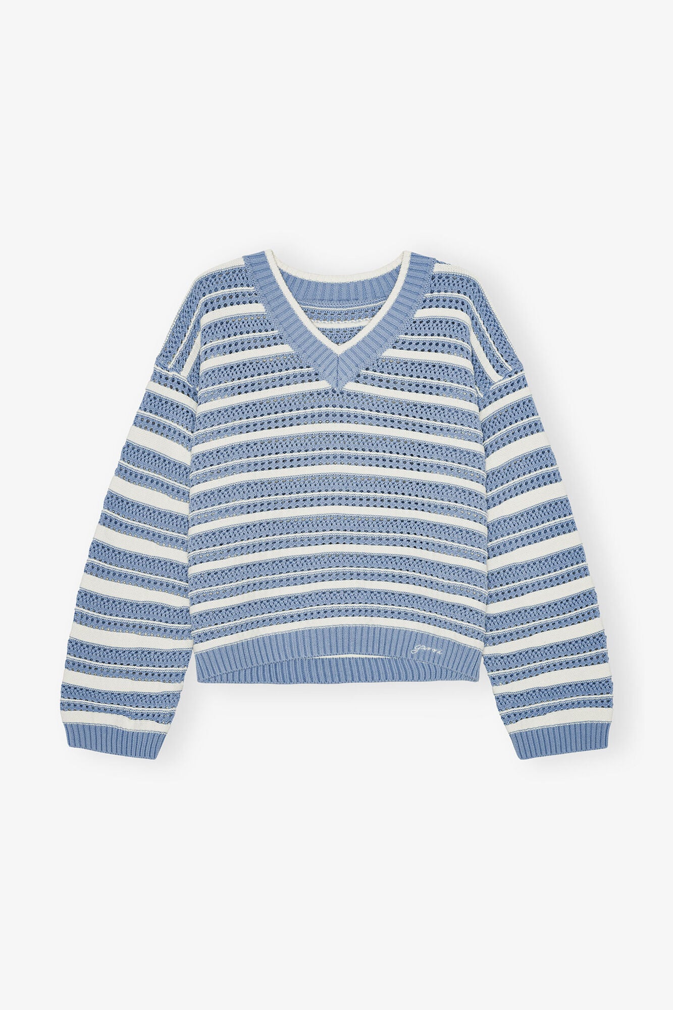 Blue Striped Cotton V-neck Sweater - GANNI