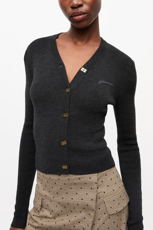 Black Mini Ribbed Merino Cardigan - GANNI