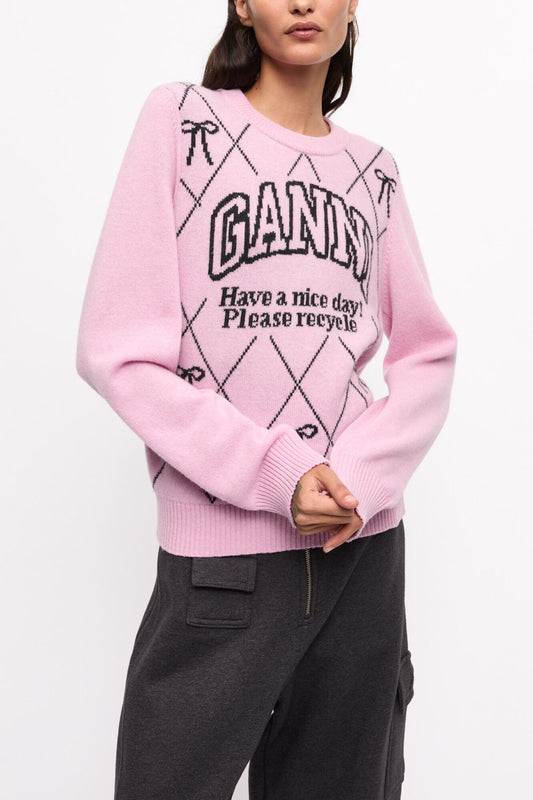 Pink Graphic Bow Sweater - GANNI